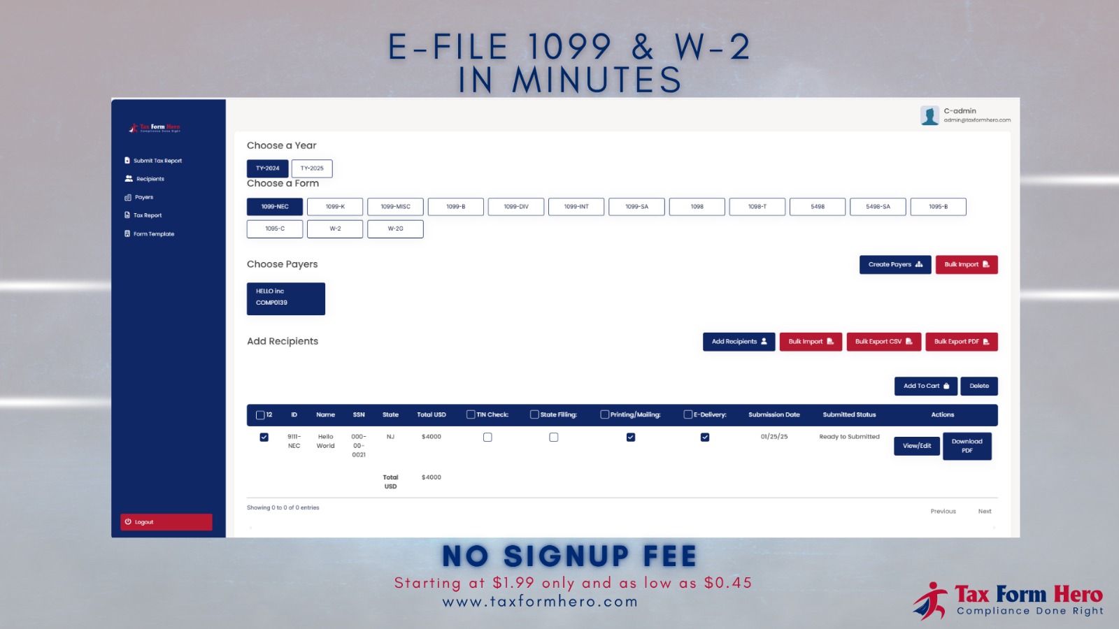 Tax Form Hero 1099 e-filing dashboard overview