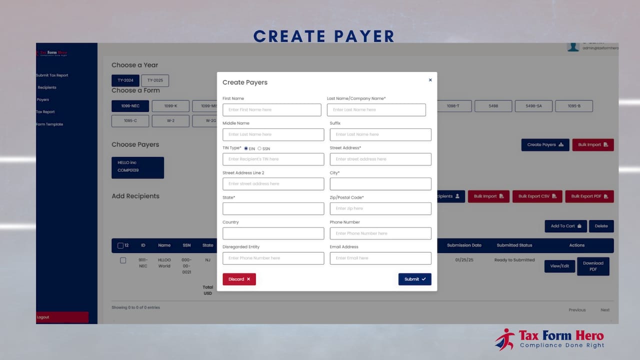 Tax Form Hero form Payer data entry screen
