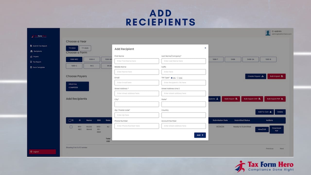 Tax Form Hero recipient data entry screen